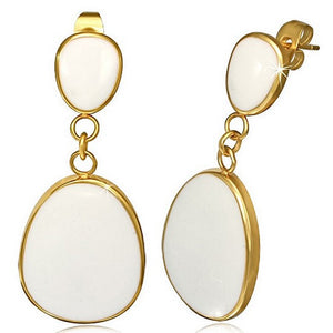 Stainless Steel Yellow Gold-Tone White Enamel Large Stud Dangle Drop Earrings 