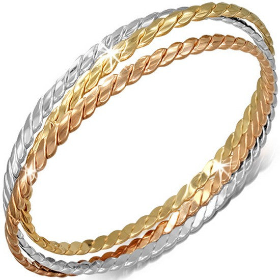 Stainless Steel Yellow Rose Gold Silver-Tone Braided Three Stackable Womens Bangle Bracelet Set