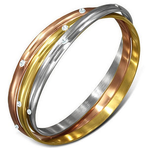 Stainless Steel Yellow Rose Gold Silver-Tone White CZ Three Interlocked Womens Bangle Bracelet Set