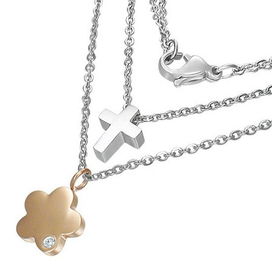 Stainless Steel Rose Gold Silver-Tone Double Chain Cross Flower Pendant Necklace