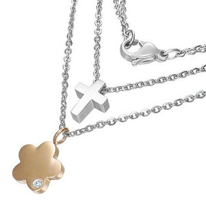 Stainless Steel Rose Gold Silver-Tone Double Chain Cross Flower Pendant Necklace