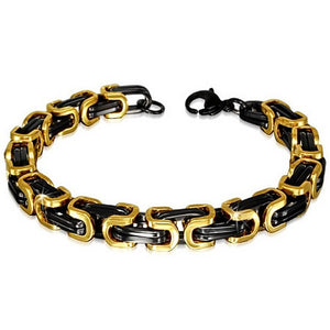 Stainless Steel Black Yellow Gold-Tone Mens Classic Link Chain Bracelet with Clasp