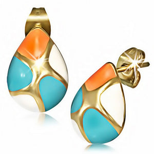 Stainless Steel Yellow Gold-Tone Multicolor White Orange Turquoise-Tone Teardrop Stud Earrings