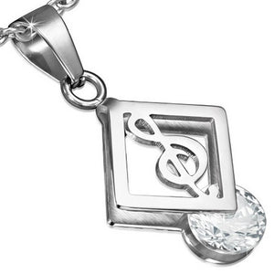 Stainless Steel Silver-Tone Music Musical Clef Note White CZ Pendant Necklace
