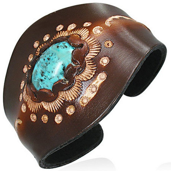 Brown Tan Leather Blue Turquoise-Tone Engraved Cuff Bangle Womens Adjustable Bracelet