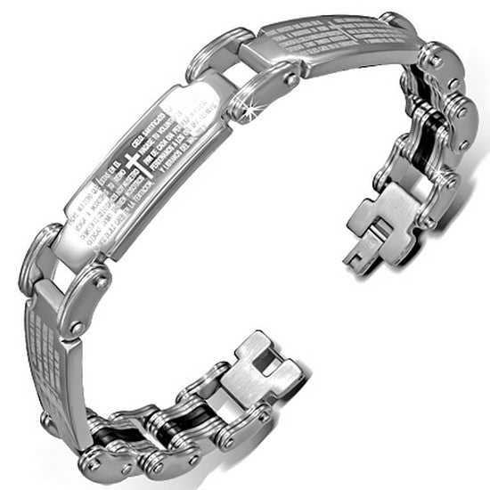 Stainless Steel Black Silver-Tone Mens Religious Lords Prayer Spanish Link Bracelet