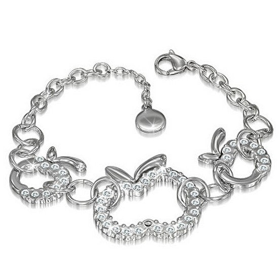 Stainless Steel Silver-Tone Apple White CZ Womens Link Chain Bracelet
