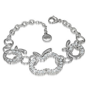 Stainless Steel Silver-Tone Apple White CZ Womens Link Chain Bracelet