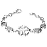 Stainless Steel Silver-Tone Religious Latin Cross CZ Womens Link Chain Bracelet