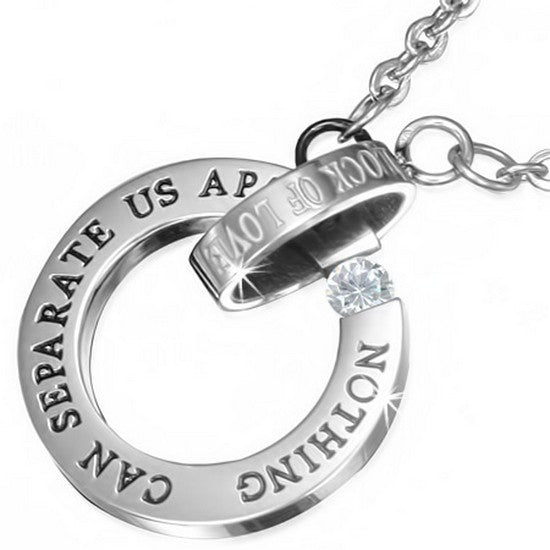 Stainless Steel Silver-Tone Lock of Love Nothing Can Separate Us Apart Pendant Necklace with CZ