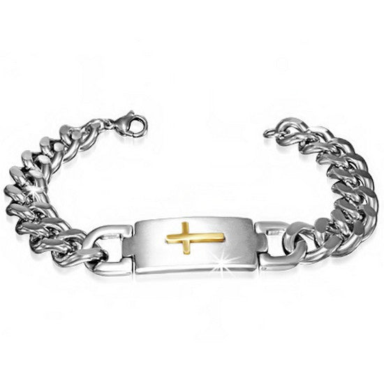 Stainless Steel Two-Tone Mens Religious Cross Link Chain Bracelet with Clasp