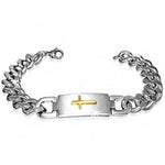 Stainless Steel Two-Tone Mens Religious Cross Link Chain Bracelet with Clasp