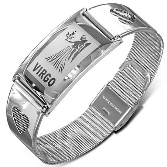 Stainless Steel Silver-Tone Link Chain Zodiac Sign Womens Bracelet with Clasp - Virgo