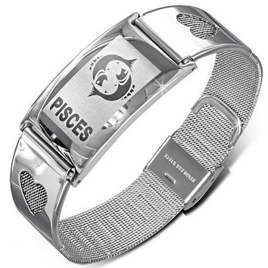 Stainless Steel Silver-Tone Link Chain Zodiac Sign Womens Bracelet with Clasp - Pisces