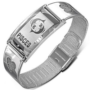 Stainless Steel Silver-Tone Link Chain Zodiac Sign Womens Bracelet with Clasp - Pisces
