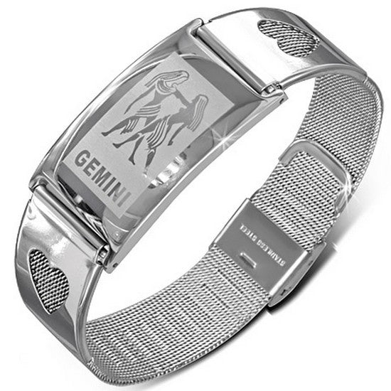 Stainless Steel Silver-Tone Link Chain Zodiac Sign Womens Bracelet with Clasp - Gemini