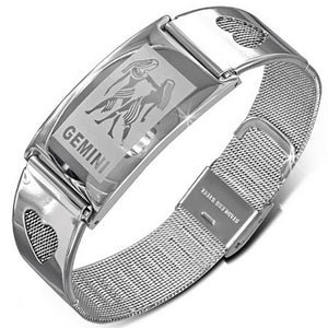 Stainless Steel Silver-Tone Link Chain Zodiac Sign Womens Bracelet with Clasp - Gemini