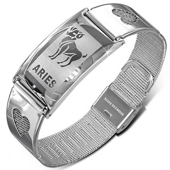 Stainless Steel Silver-Tone Link Chain Zodiac Sign Womens Bracelet with Clasp - Aries