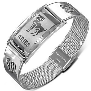 Stainless Steel Silver-Tone Link Chain Zodiac Sign Womens Bracelet with Clasp - Aries