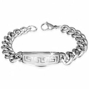 Stainless Steel Silver-Tone Mens Greek Key Link Chain Bracelet with Clasp