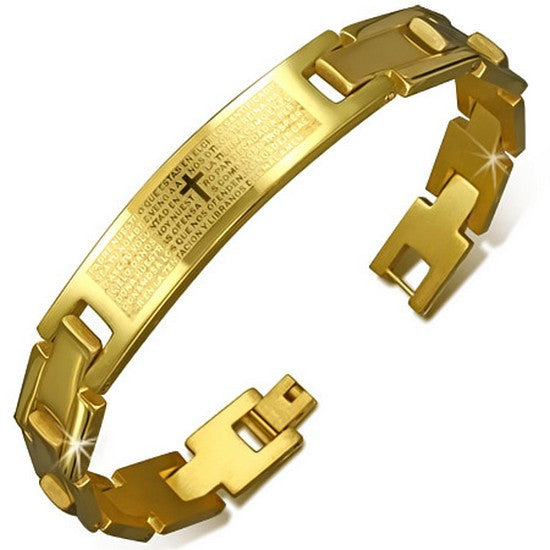 Stainless Steel Gold-Tone Mens Latin Cross Padre Nuestro Prayer Spanish Bracelet