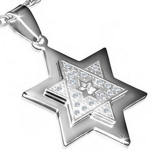Stainless Steel Silver-Tone Jewish Star of David Charm Pendant Necklace