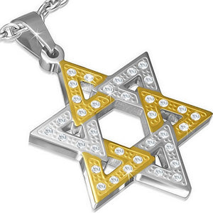 Stainless Steel Two-Tone White CZ Jewish Star of David Charm Pendant Necklace