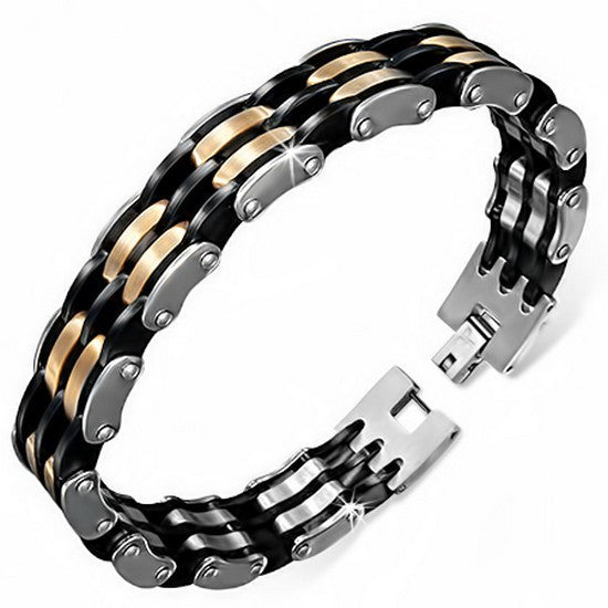 Stainless Steel Black Silver Yellow Gold-Tone Mens Classic Link Bracelet with Clasp