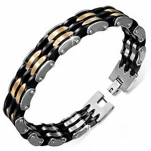 Stainless Steel Black Silver Yellow Gold-Tone Mens Classic Link Bracelet with Clasp