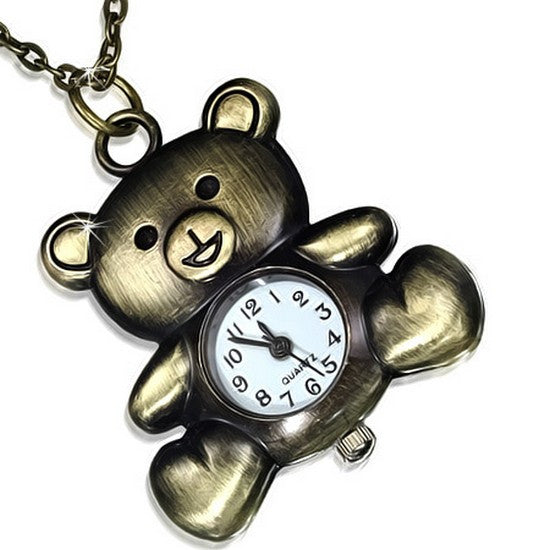 Fashion Alloy Stainless Steel Gold-Tone Teddy Bear Pocket Watch Girls Womens Pendant Necklace