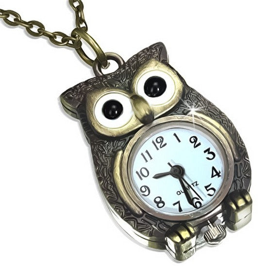 Fashion Alloy Stainless Steel Gold-Tone Owl Pocket Watch Girls Womens Pendant Necklace