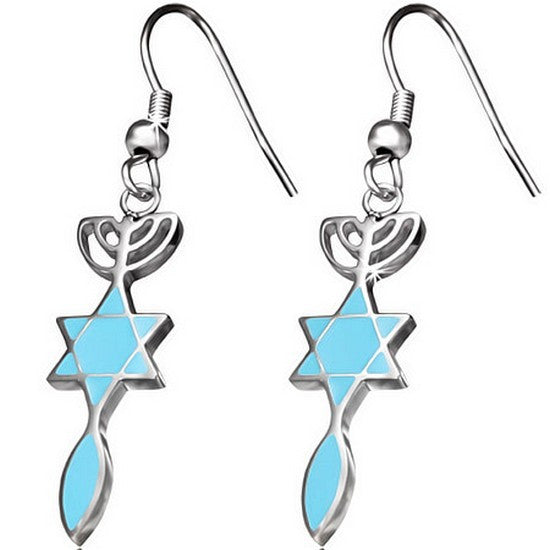 Stainless Steel Silver-Tone Blue Jewish Star of David Dangle Drop Womens Earrings 