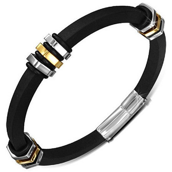 Stainless Steel Black Rubber Silicone Two-Tone Mens Bangle Bracelet with Clasp