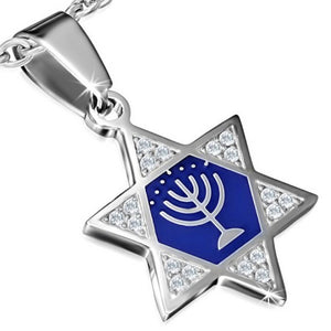 Stainless Steel Silver-Tone Jewish Star of David Blue Menorah Pendant Necklace