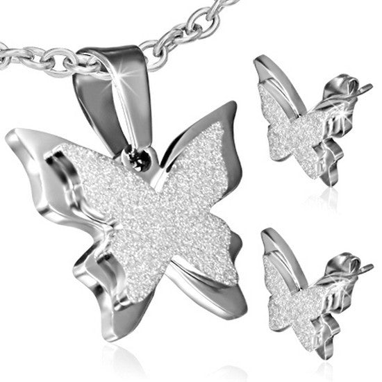 Stainless Steel Silver-Tone Glitter Butterfly Necklace Pendant Stud Earrings Set