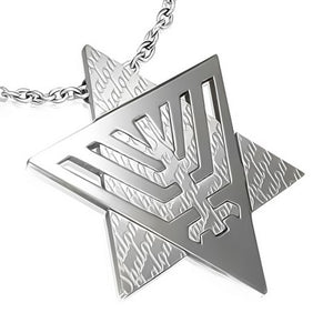 Stainless Steel Extra Large Silver-Tone Shalom Jewish Star of David Menorah Mens Pendant Necklace