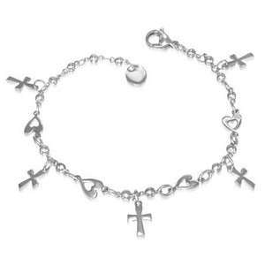 Stainless Steel Silver-Tone Heart Love Religious Latin Cross Womens Bracelet