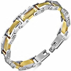 Stainless Steel Silver Yellow Gold-Tone Mens Classic Link Bracelet with Clasp