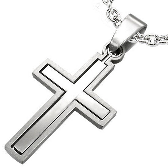 Stainless Steel Silver-Tone Religious Latin Cross Pendant Necklace