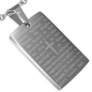 Stainless Steel Silver-Tone Cross Lord's Prayer in English Pendant Necklace