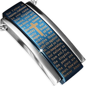 Stainless Steel Silver-Tone Blue Cross Lord's Prayer in English Pendant Necklace
