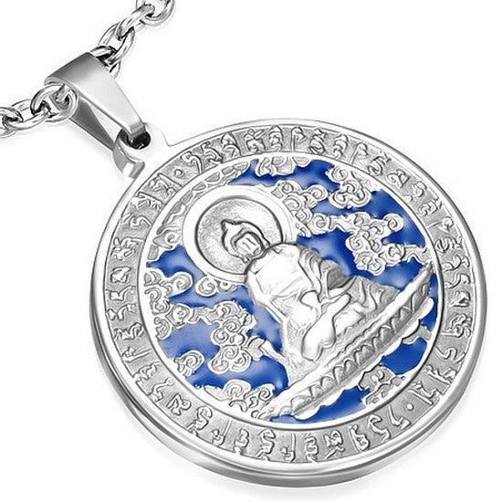 Stainless Steel Silver-Tone Blue Round Buddha Pendant Necklace with Chain