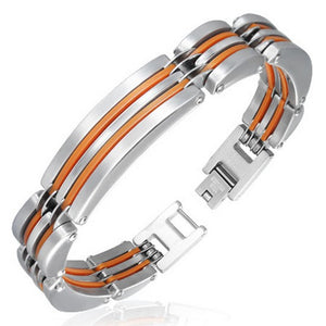 Stainless Steel Silver-Tone Orange Mens Classic Link Bracelet with Clasp