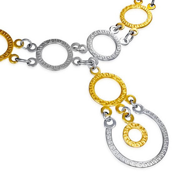 Stainless Steel Two-Tone Greek Key Circles Long Womens Necklace