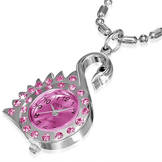 Fashion Alloy Stainless Steel Swan Pocket Watch Girls Pendant Necklace
