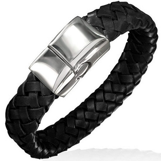 Black Leather Braided Silver-Tone Stainless Steel Wristband Mens Bracelet