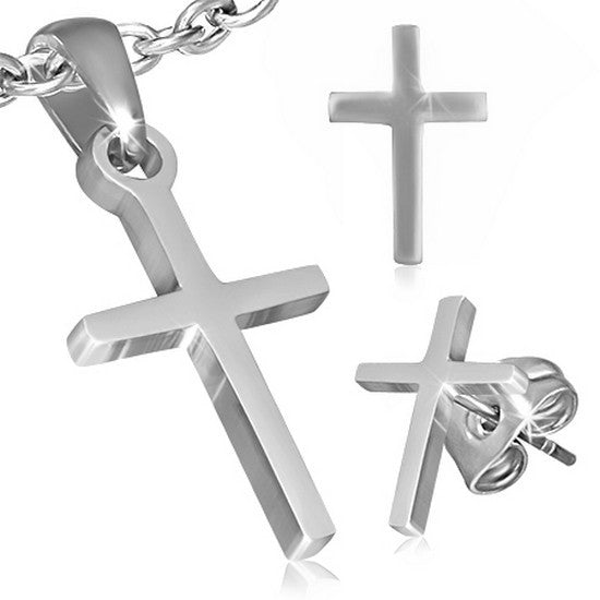 Stainless Steel Silver-Tone Latin Cross Necklace Pendant Stud Earrings Set