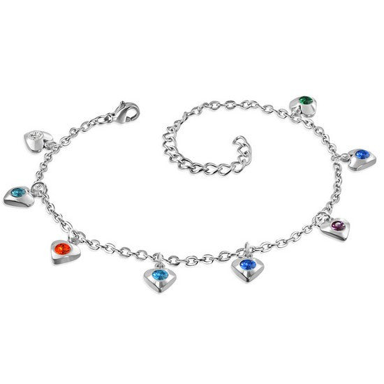 Stainless Steel Silver-Tone Multicolor CZ Love Heart Womens Adjustable Anklet Bracelet