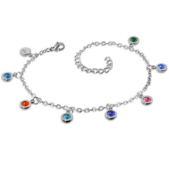 Stainless Steel Silver-Tone Multicolor CZ Round Charms Womens Adjustable Anklet Bracelet