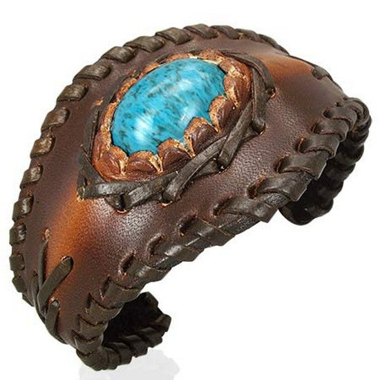 Brown Tan Leather Blue Turquoise-Tone Engraved Cuff Bangle Womens Adjustable Bracelet